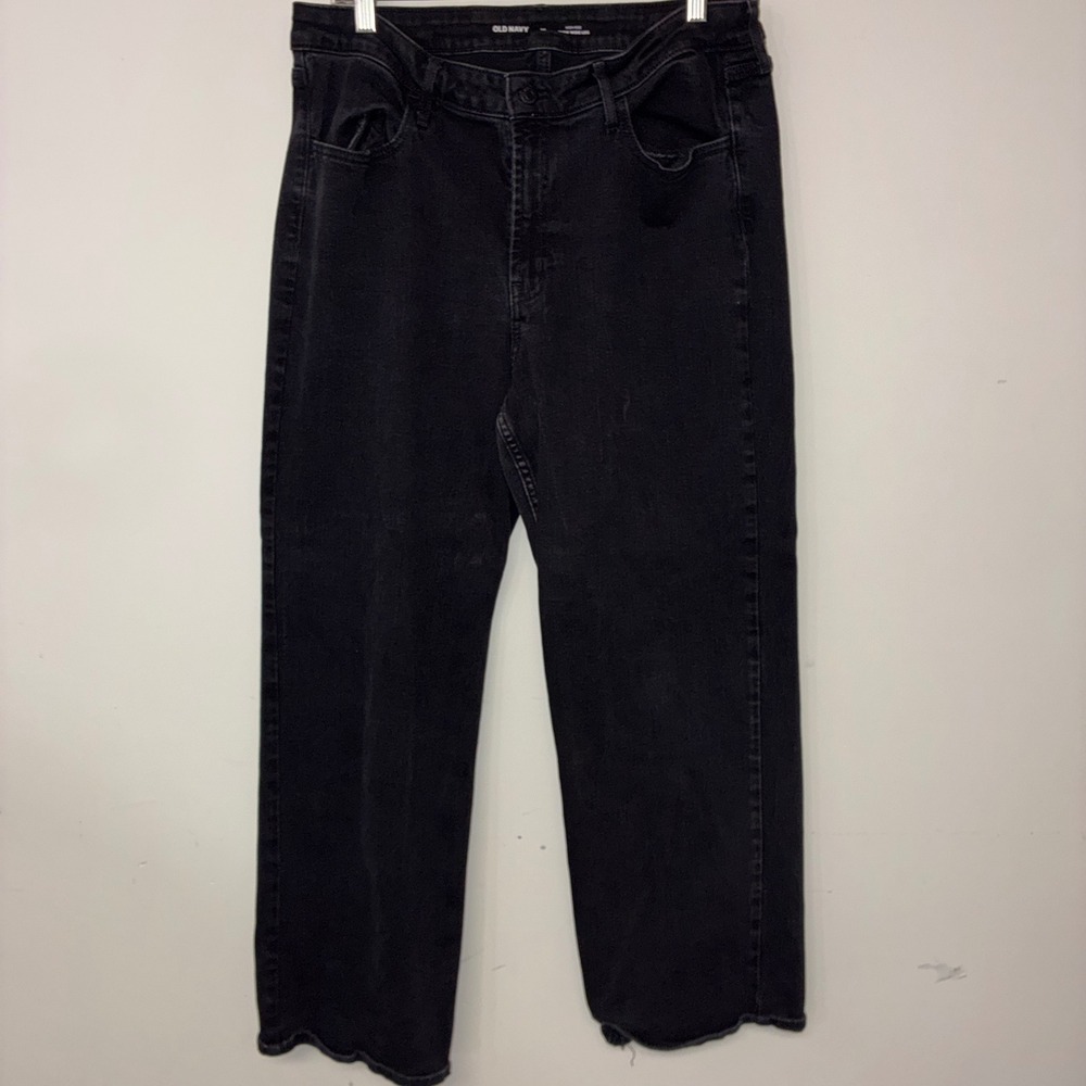 333 Old Navy Wow Wide Leg Jeans 16 Black High Rise Raw Hem Denim Pants